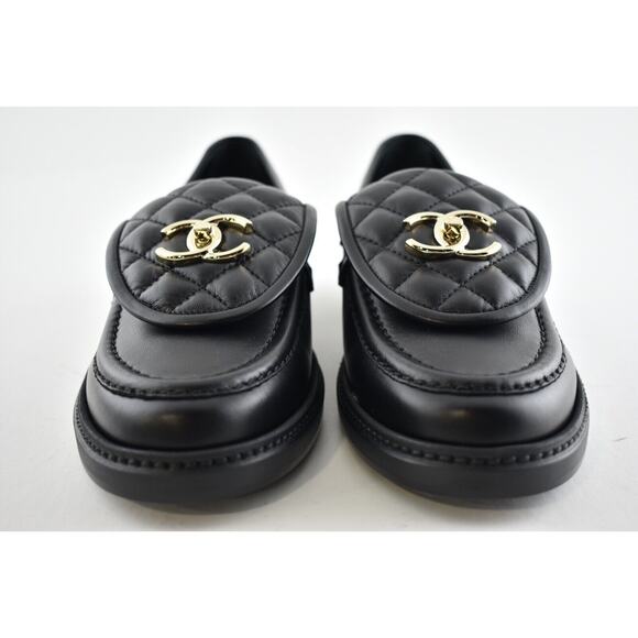 Chanel REV Black Quilted Flap Turnlock CC Logo Gold Mule Slip On Flat Loafer 37 - Picture 7 of 12